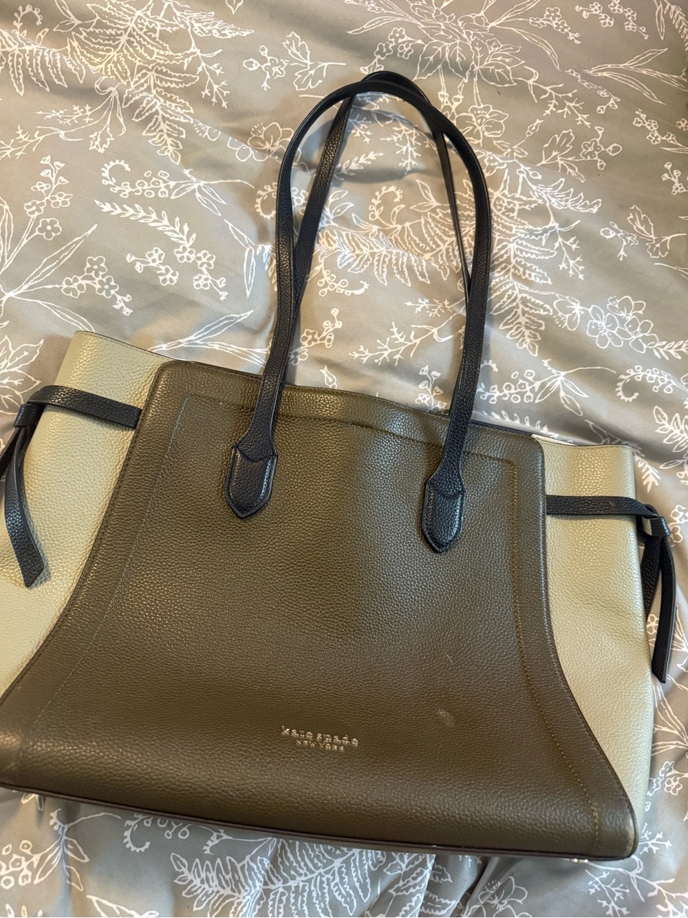 kate spade Olive and Cream Two-Tone Leather Tote with Black Trim